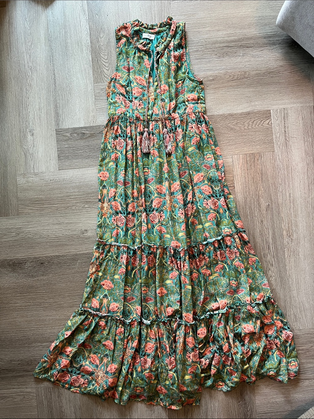 NATURAL LIFE Green/Teal Floral Sleeveless Tiered Maxi Dress